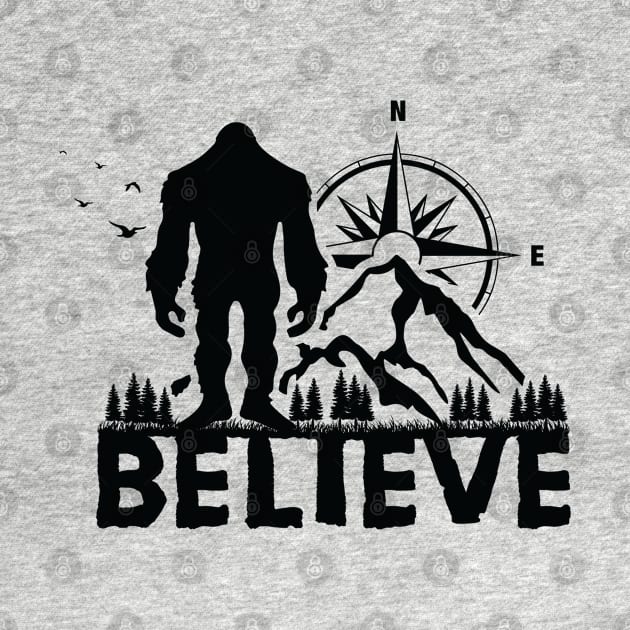 Sasquatch Believe, Yeti Bigfoot compass mountain and tree by twotwentyfives